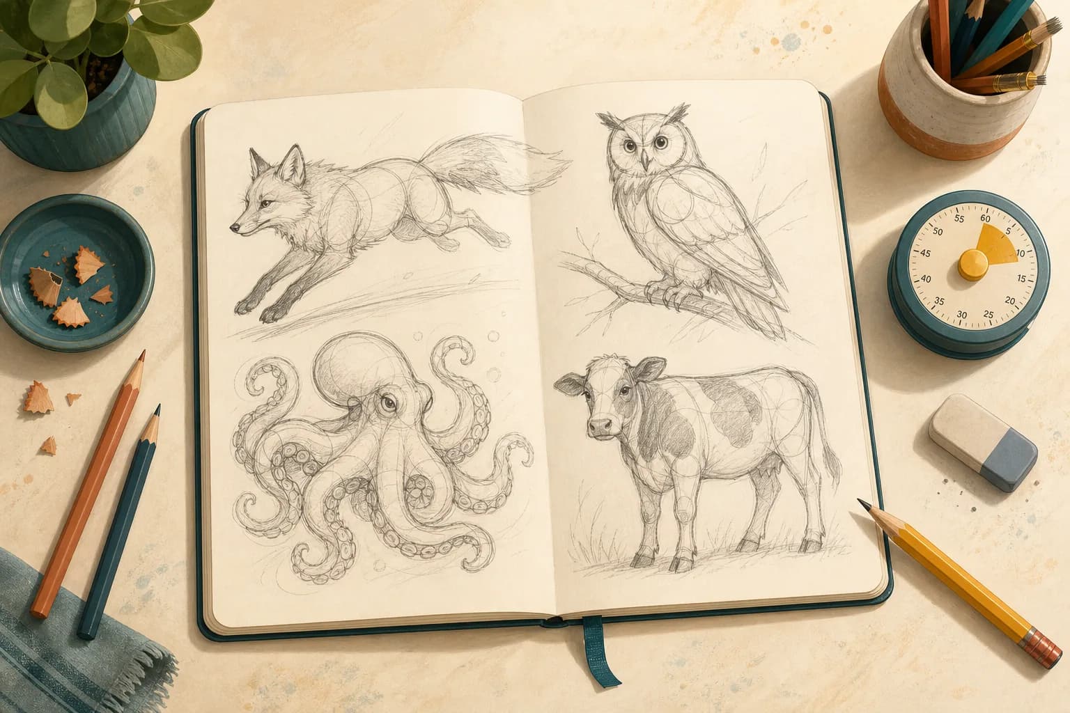 Open sketchbook with fox, owl, octopus, and cow drawing studies, pencils, and a practice timer